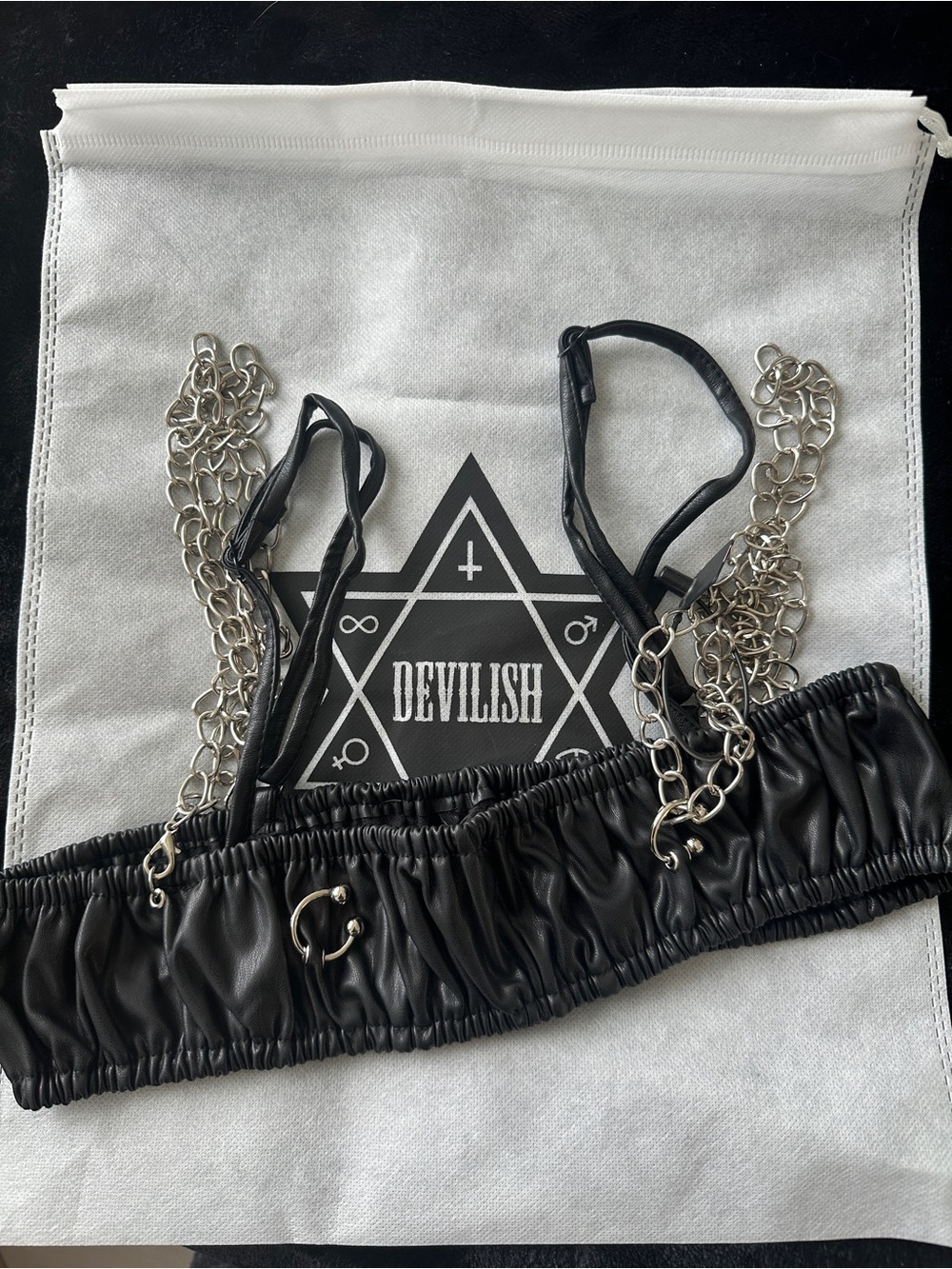 DEVILISH Black Faux Leather Chain Bralette